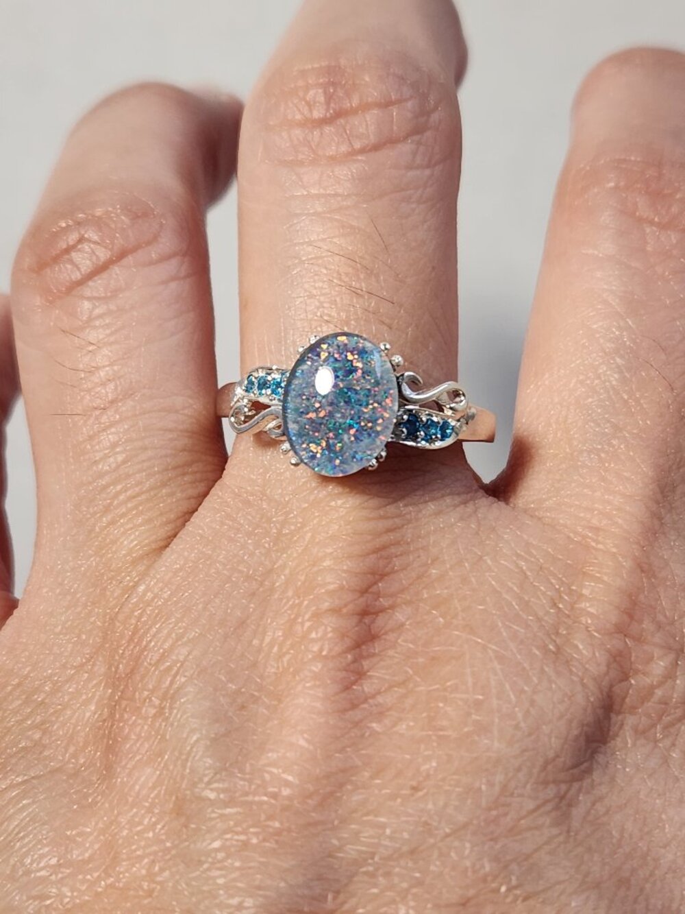 Large Opal Triplet accented w/ Blue Apatite 925 Scroll Statement Ring Sz 9.75–10